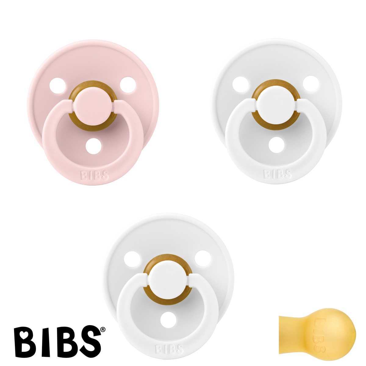 BIBS Colour Sutter med navn str1, 2 White, 1 Blossom, Runde latex, Pakke med 3 sutter